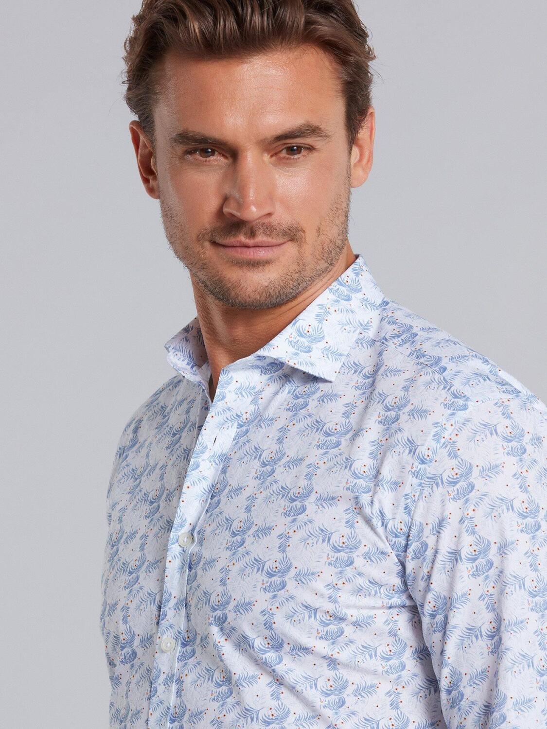 White tropical floral blue sky printed poplin slim fit shirt