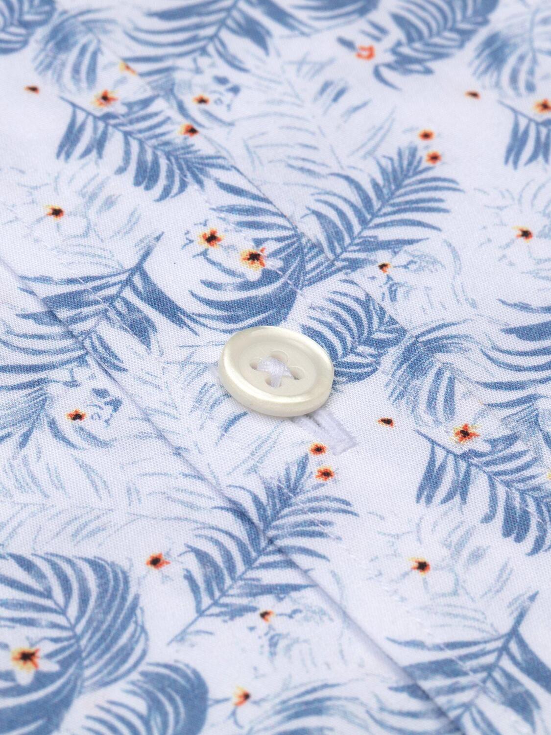 White tropical floral blue sky printed poplin slim fit shirt