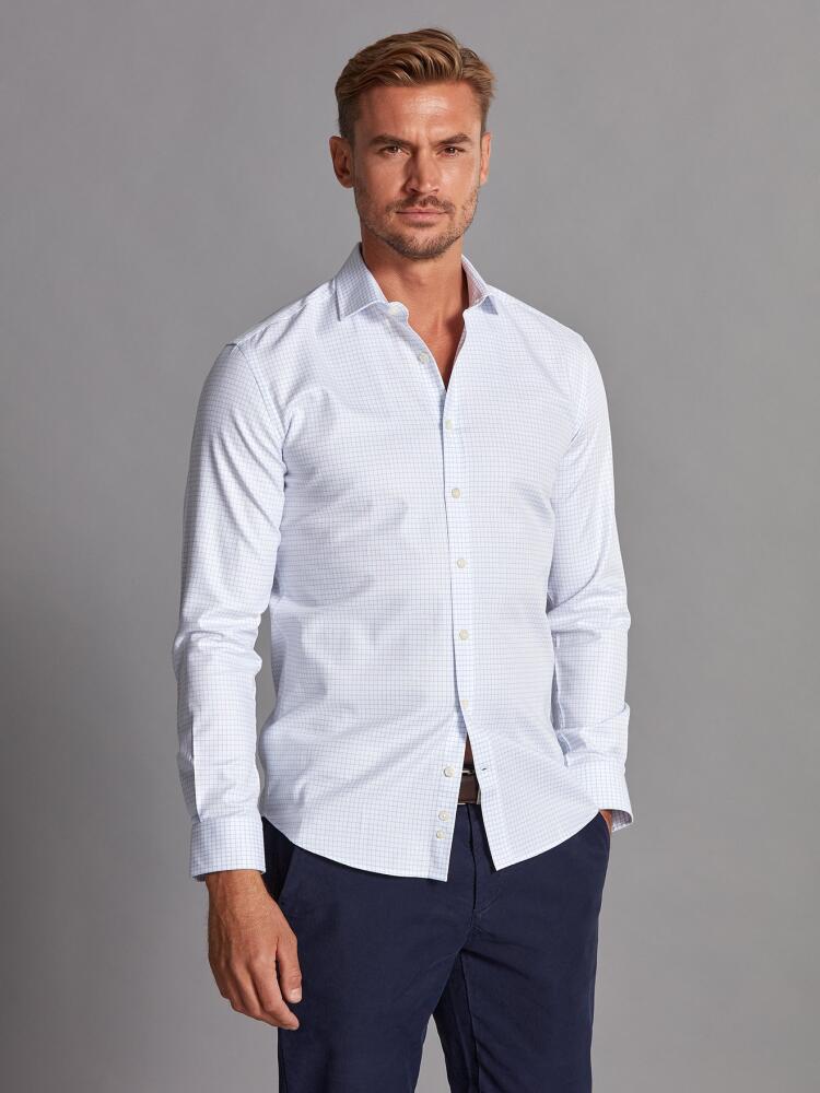 Oleg checked sky herringbones slim shirt