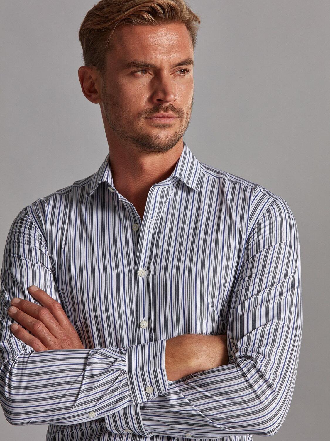 Riley slim-fit overhemd marineblauw en grijs gestreept