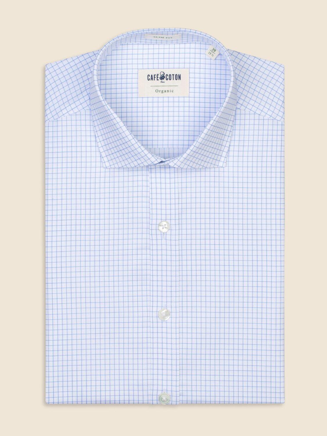 Chemise bio cintr&eacute;e Chad &agrave; carreaux ciel