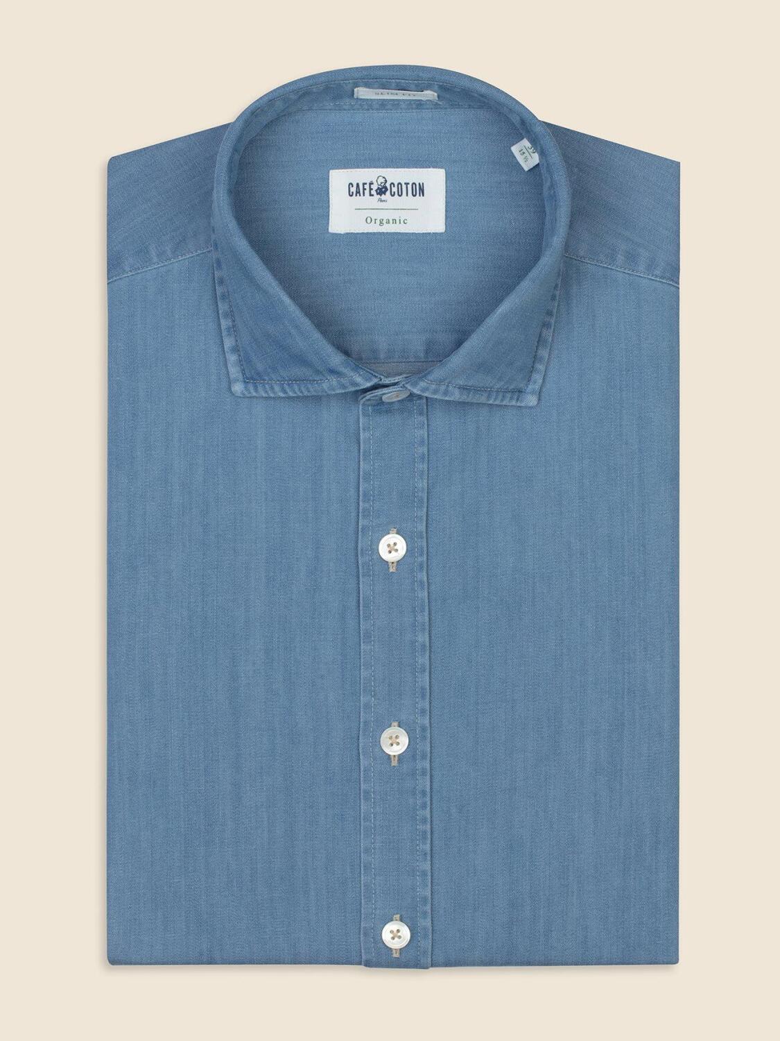 Chemise bio cintr&eacute;e en denim clair