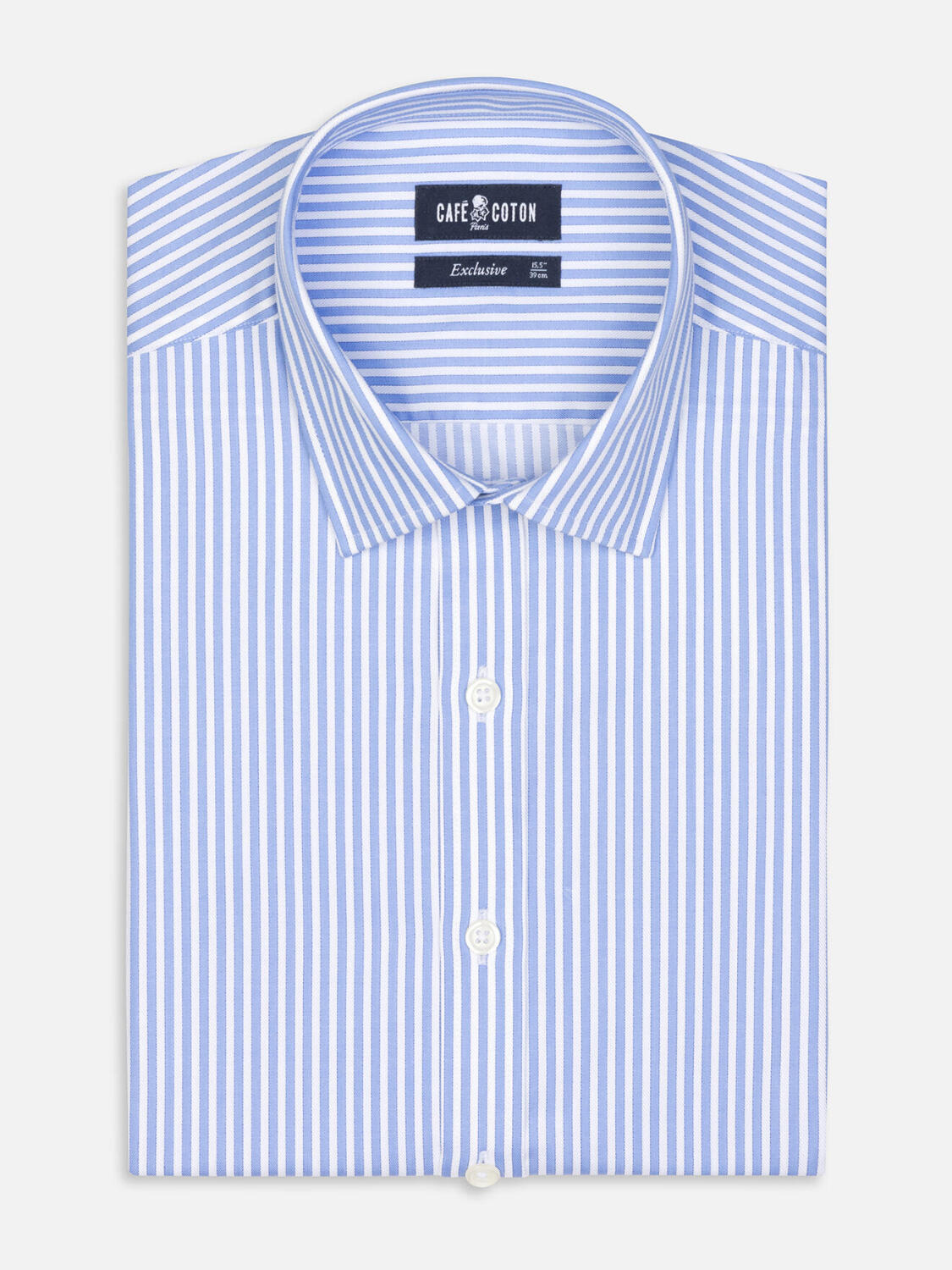 Chemise cintr&eacute;e Colin &agrave; rayures ciel  - Petit Col