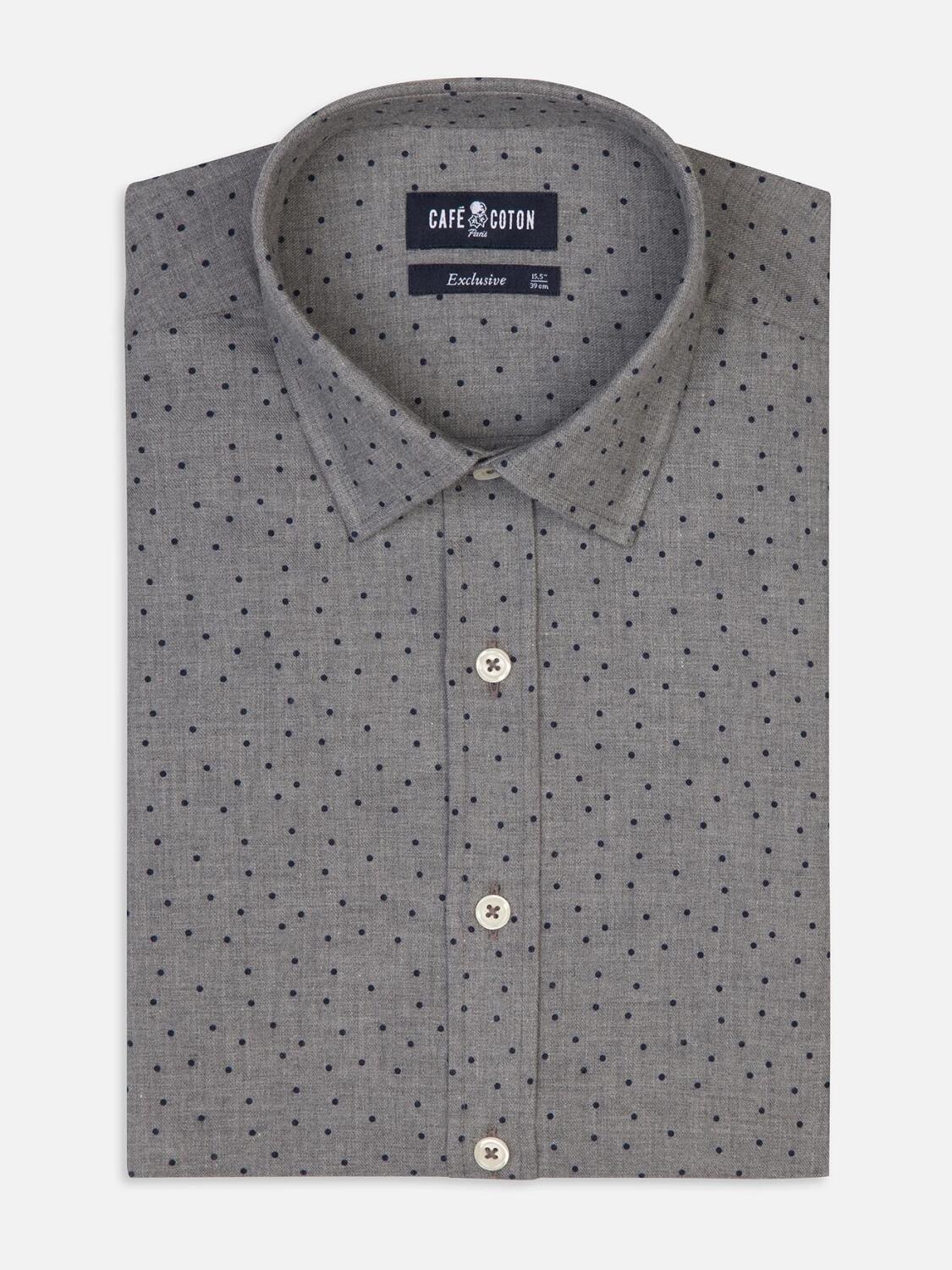Camisa curvada Dorian en franela gris con lunares estampados - Cuello Pequeño