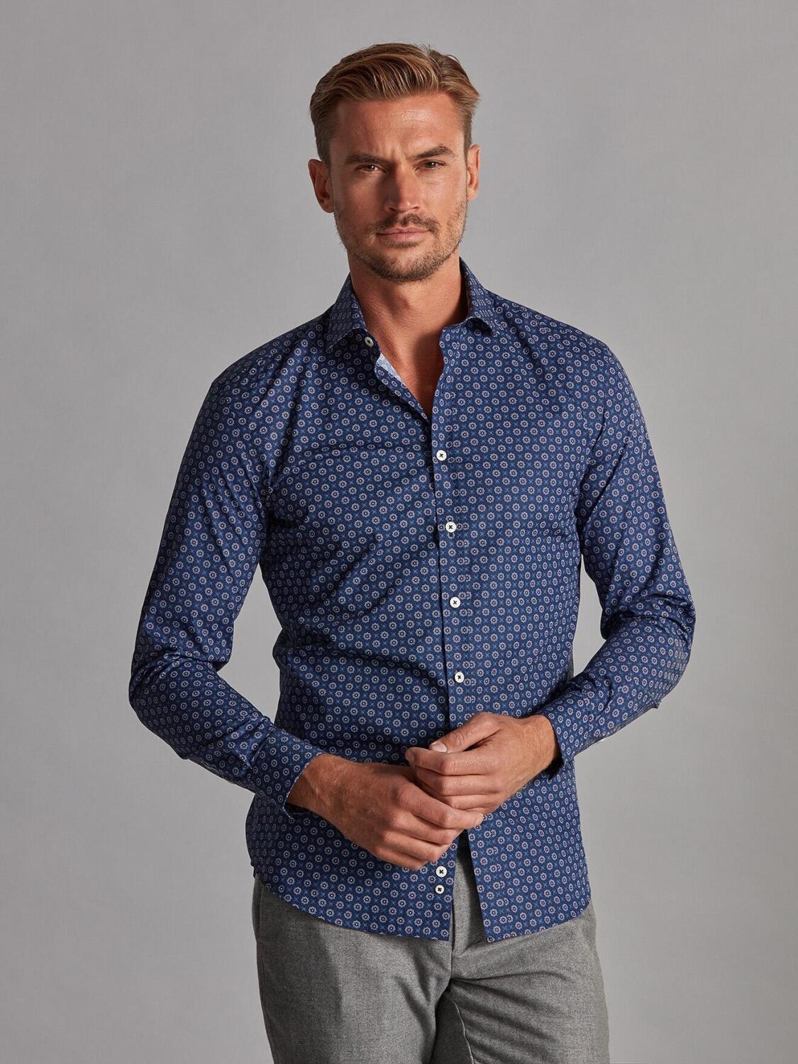 Camicia slim-fit Elton stampata in blu - Piccolo Collo