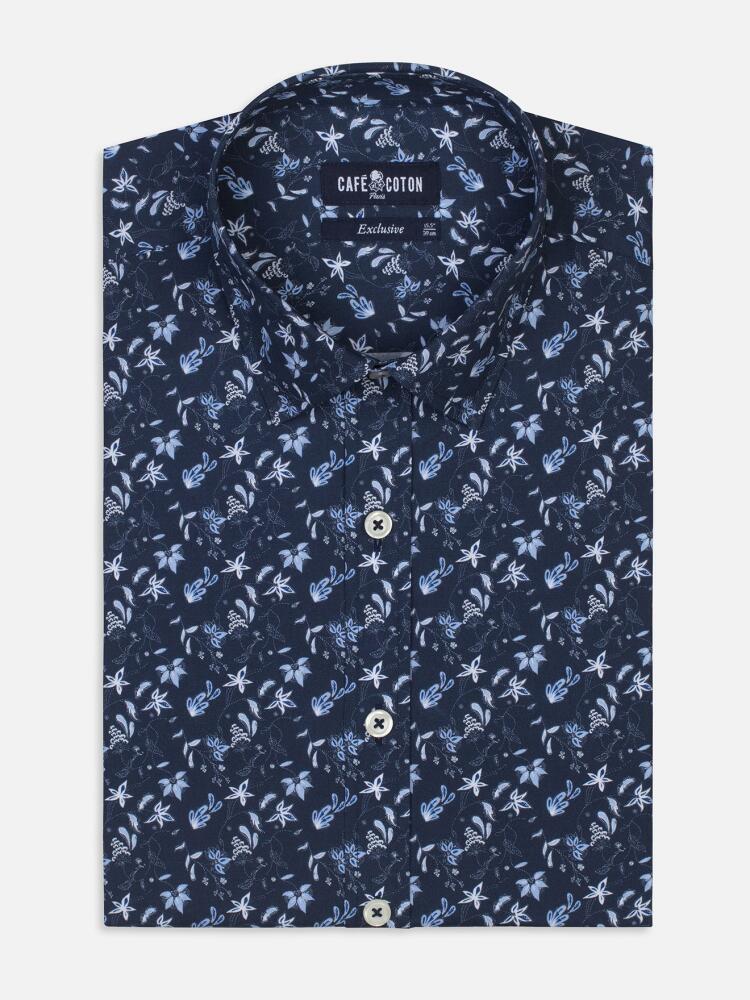 Indigo and white floral printed popelin slim fit shirt - Small Collar