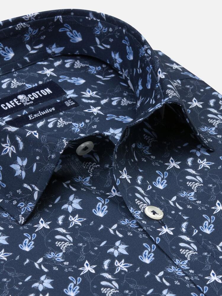 Indigo and white floral printed popelin slim fit shirt - Small Collar