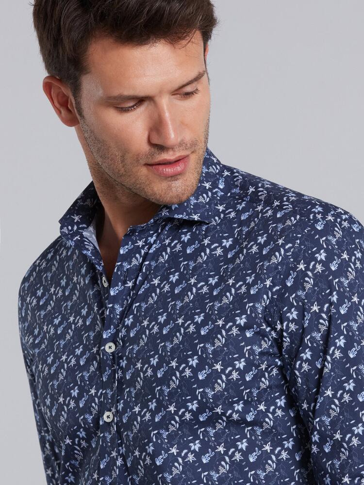 Indigo and white floral printed popelin slim fit shirt - Small Collar