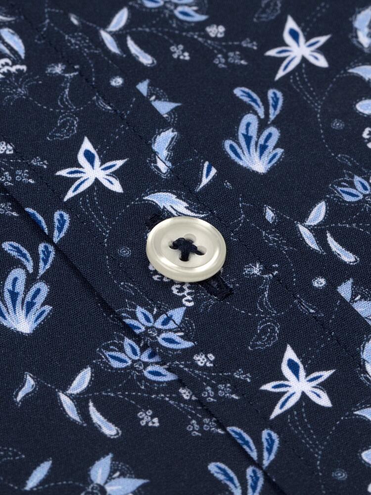 Indigo and white floral printed popelin slim fit shirt - Small Collar