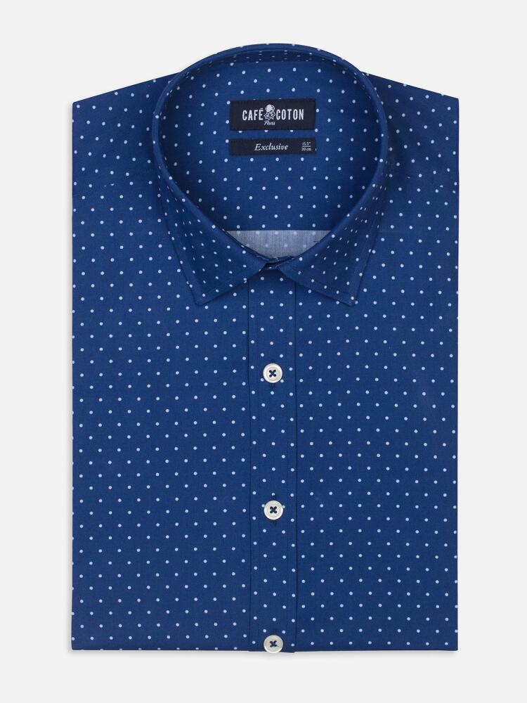 Blue spotted white popelin slim fit shirt - Small Collar