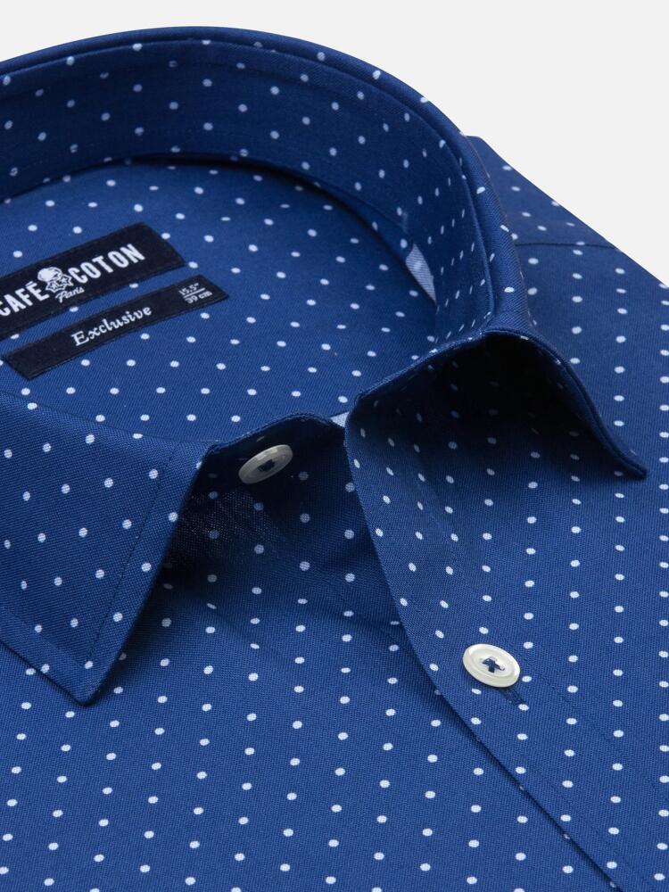 Blue spotted white popelin slim fit shirt - Small Collar