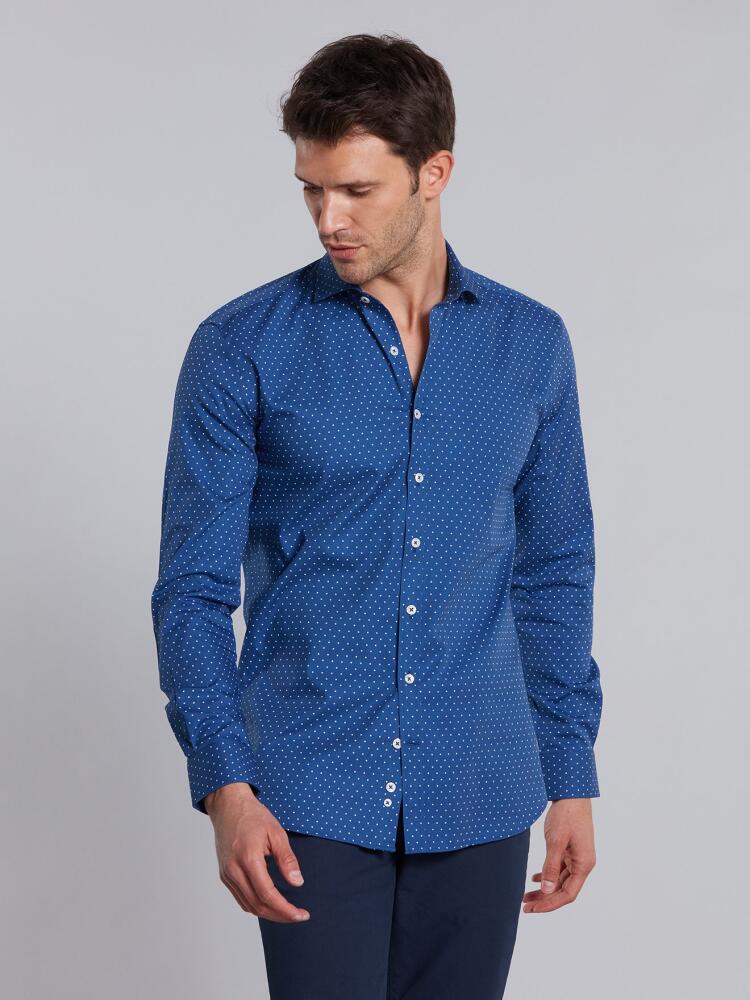 Blue spotted white popelin slim fit shirt - Small Collar