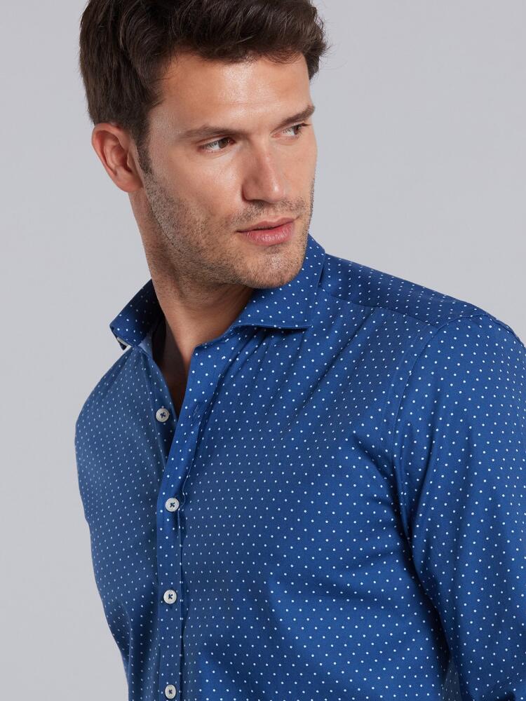 Blue spotted white popelin slim fit shirt - Small Collar