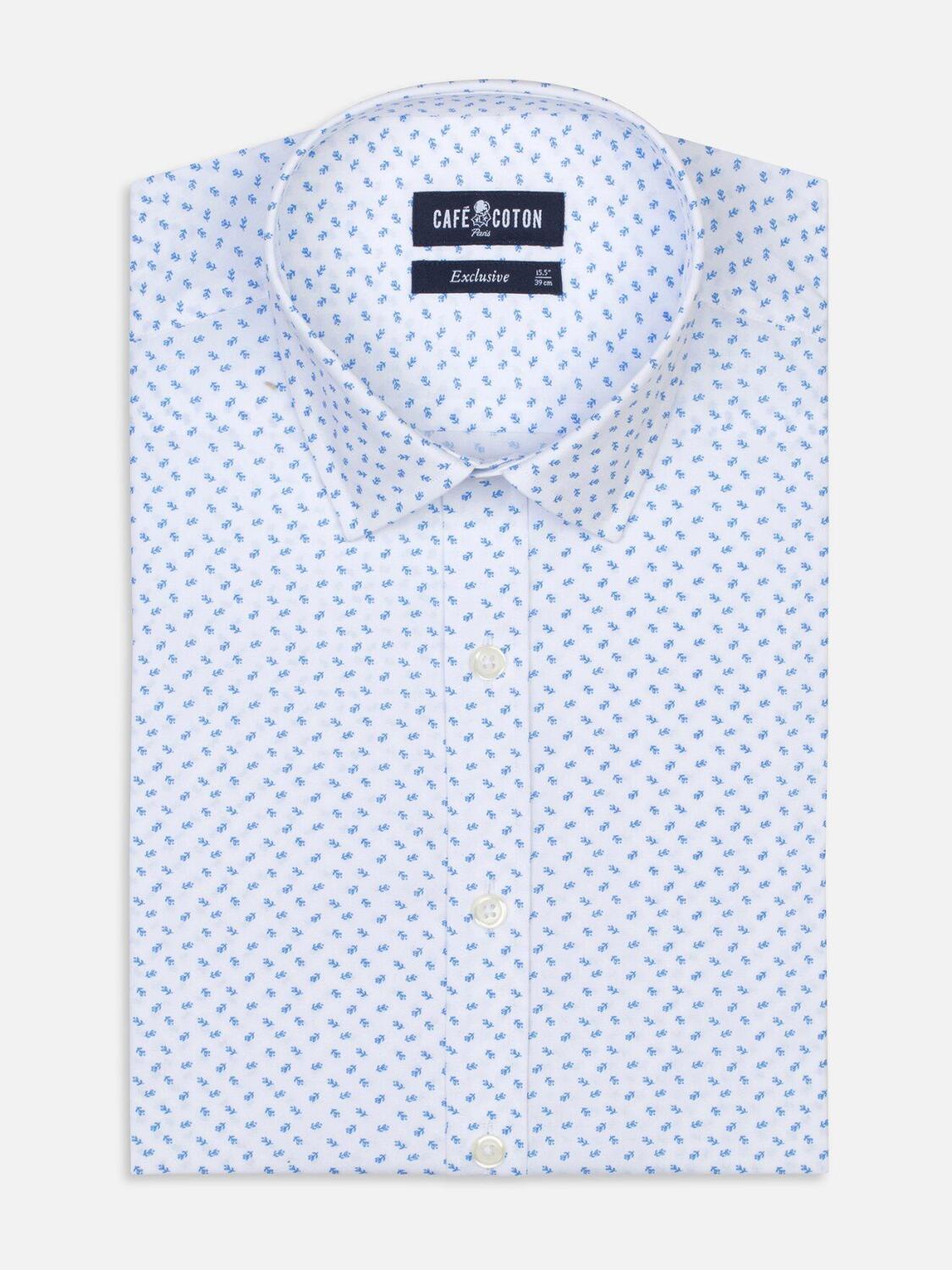 Blue floral printed white popelin slim fit shirt  - Small Collar