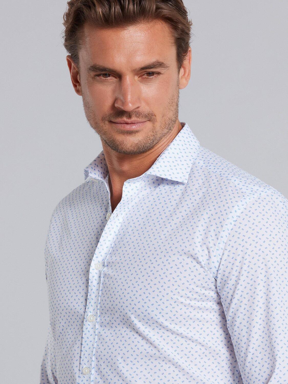 Blue floral printed white popelin slim fit shirt  - Small Collar