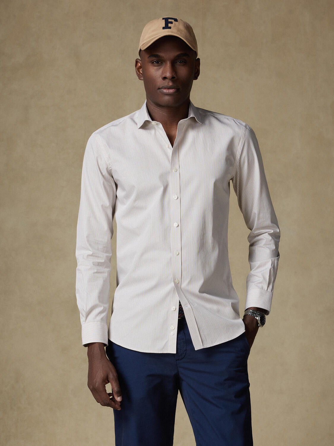 Camicia slim Menthon a righe beige