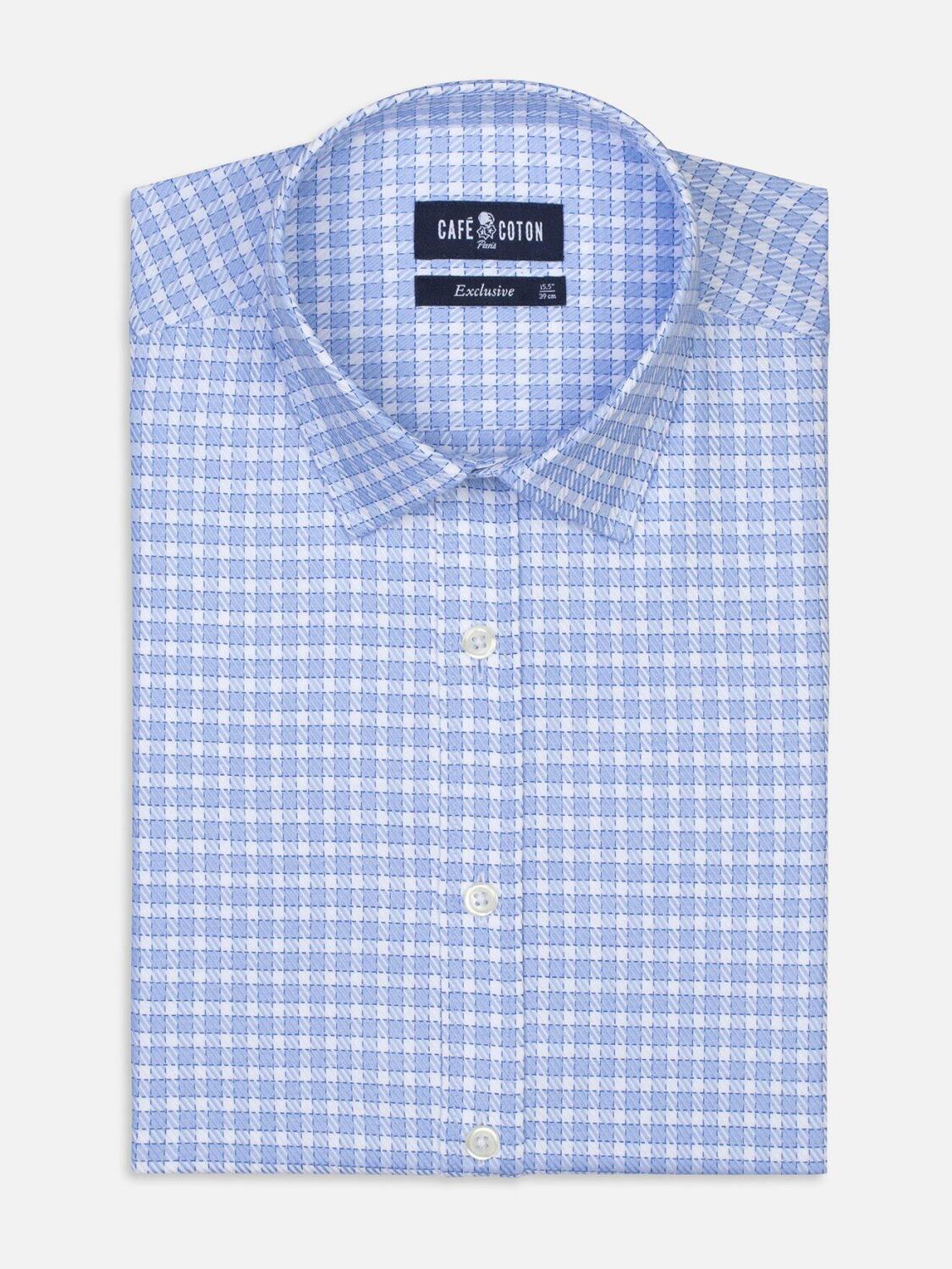 White checks blue twill slim fit shirt - Small Collar