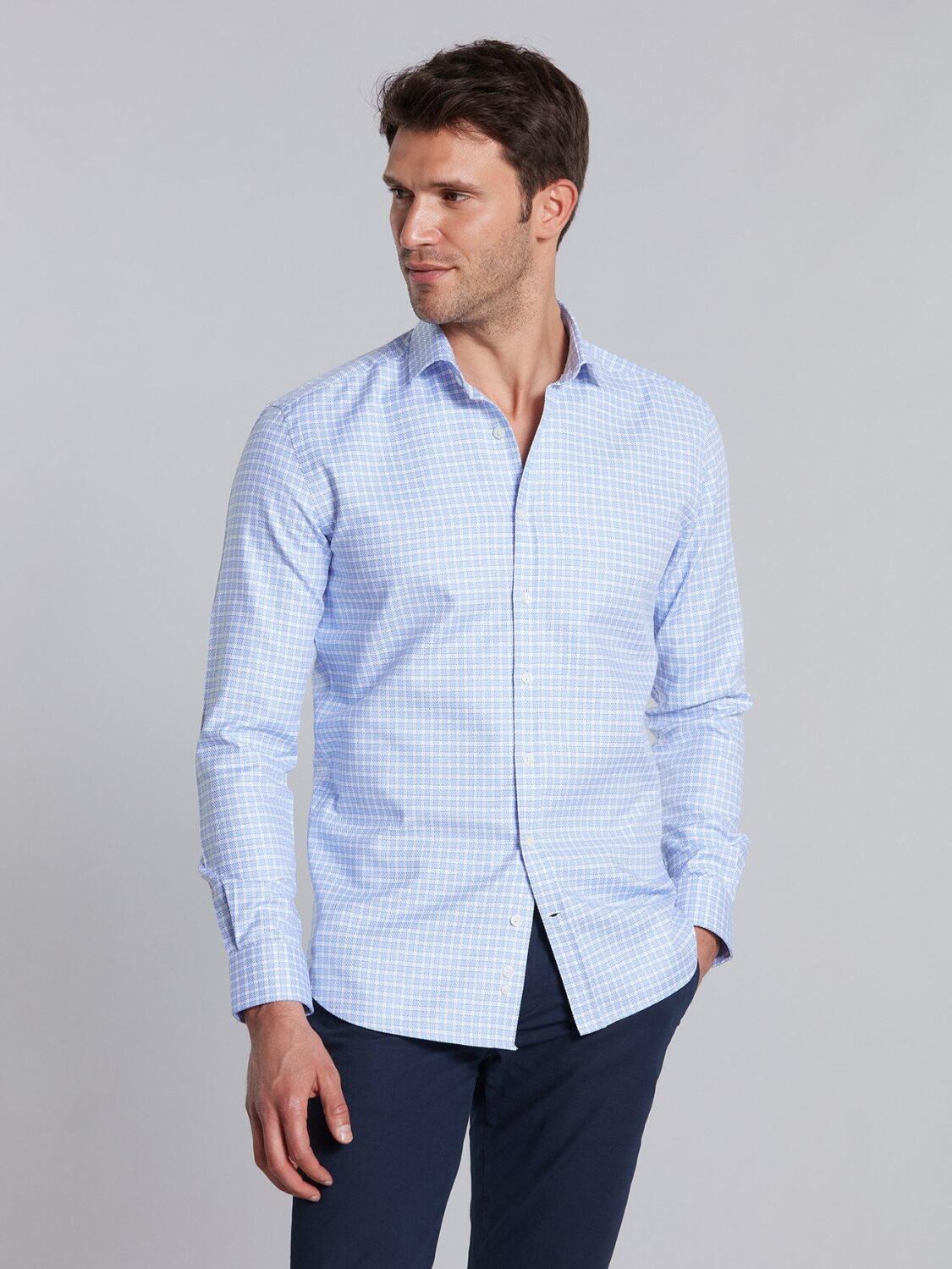 White checks blue twill slim fit shirt - Small Collar