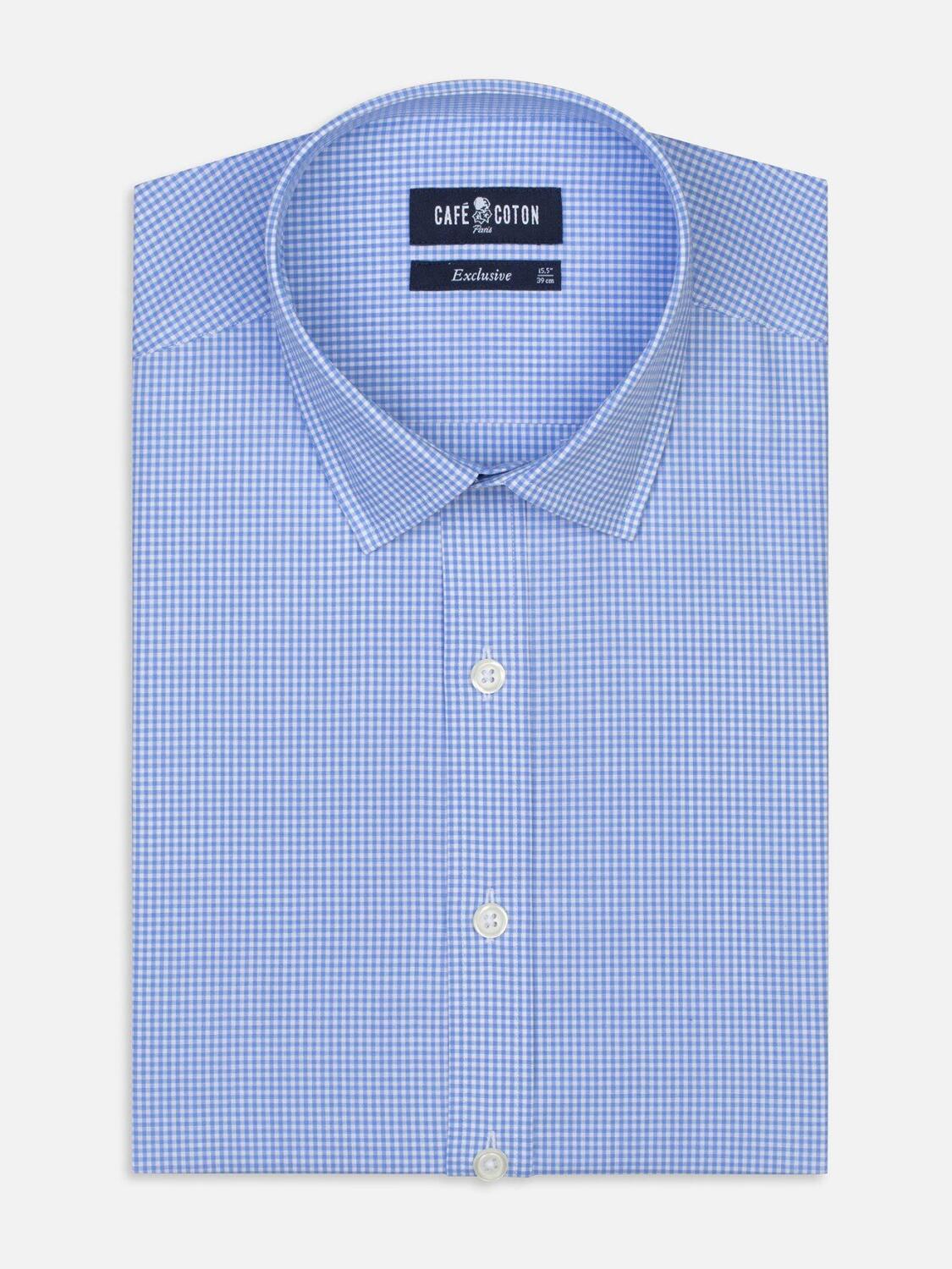 Chemise cintr&eacute;e &agrave; carreaux vichy ciel  - Petit Col