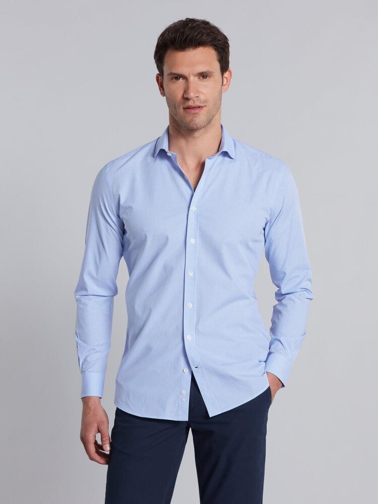 Chemise cintrée à carreaux vichy ciel  - Petit Col