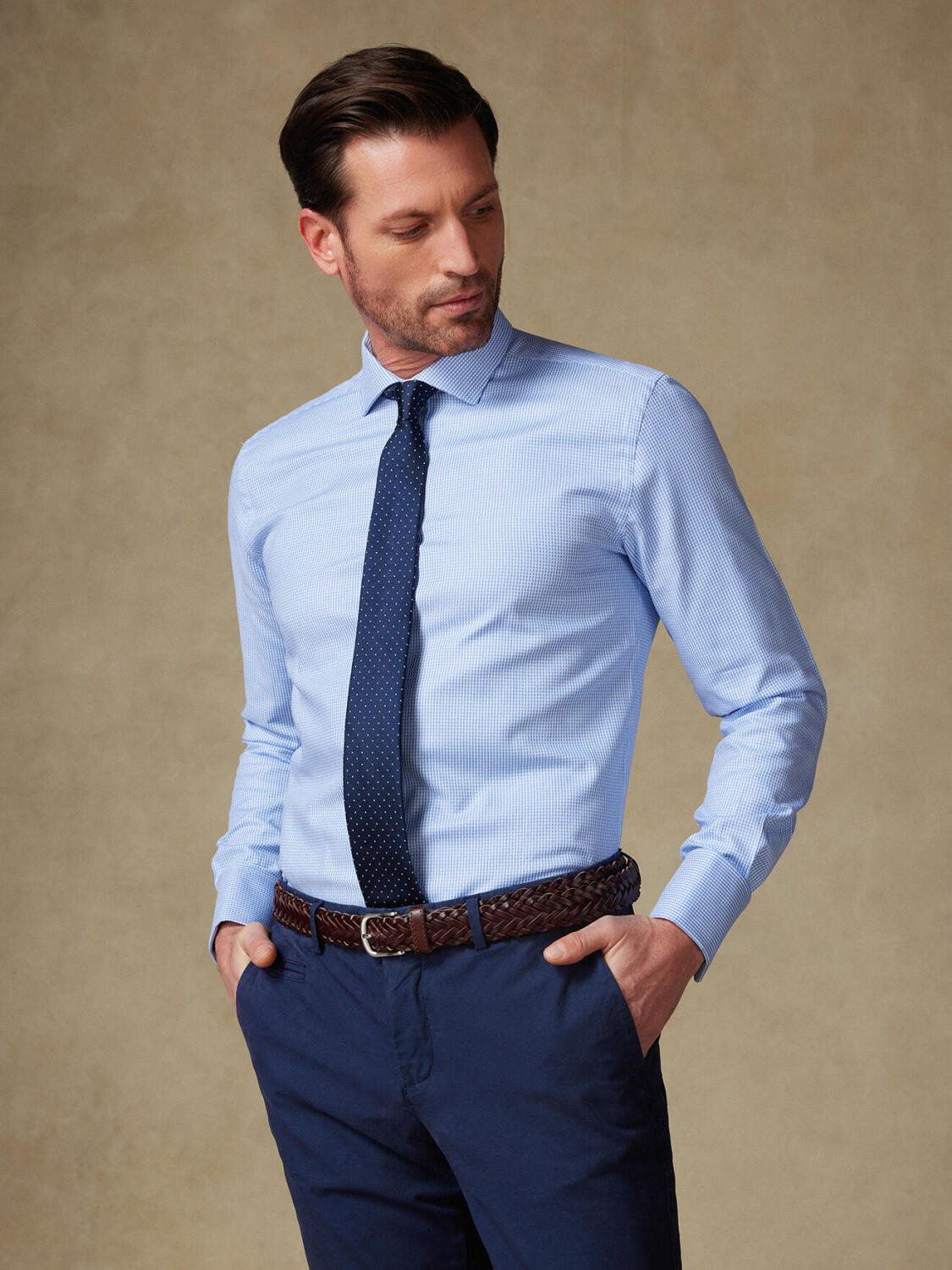 Chemise Miles en natté ciel  - Poignets mousquetaires