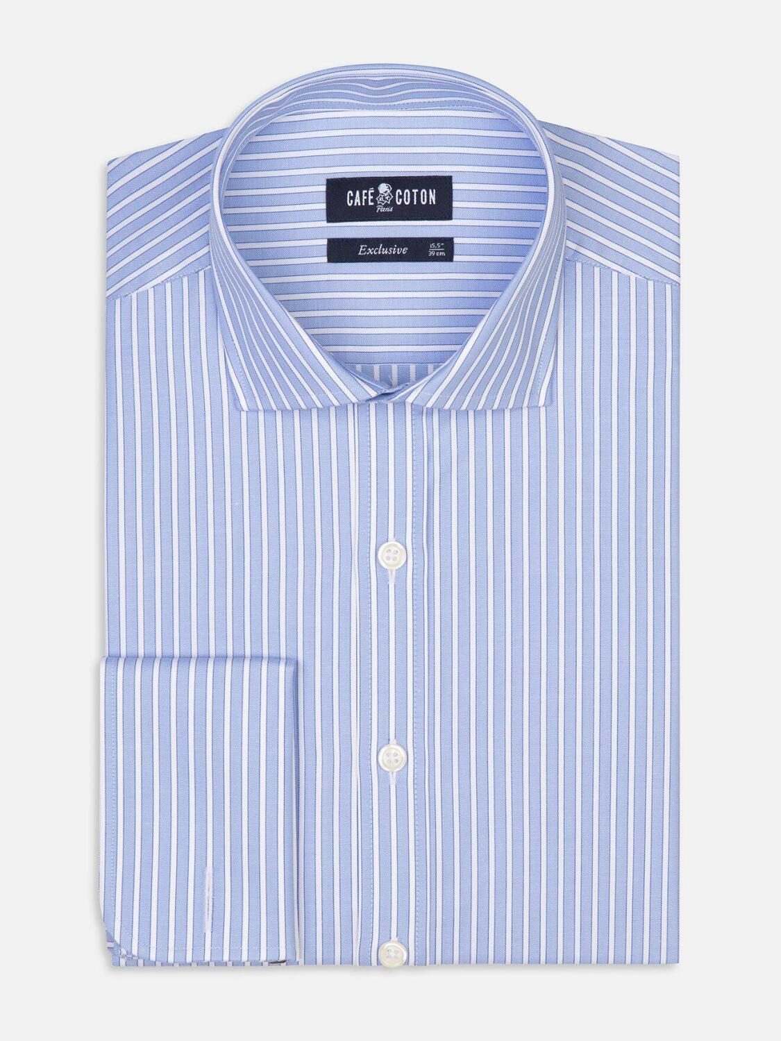 Chemise cintrée Colin à rayures ciel - Poignets Mousquetaires