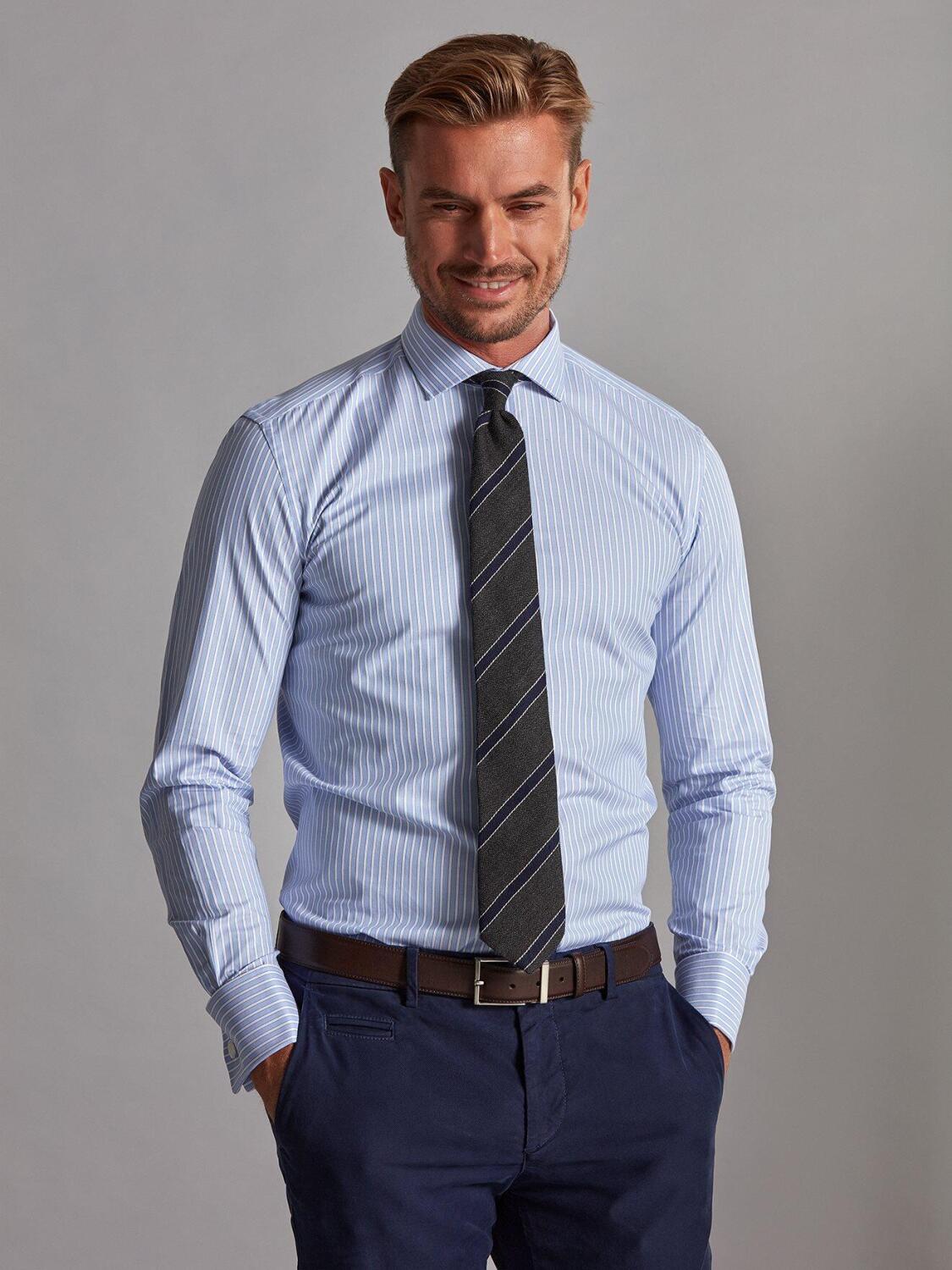 Chemise cintrée Colin à rayures ciel - Poignets Mousquetaires