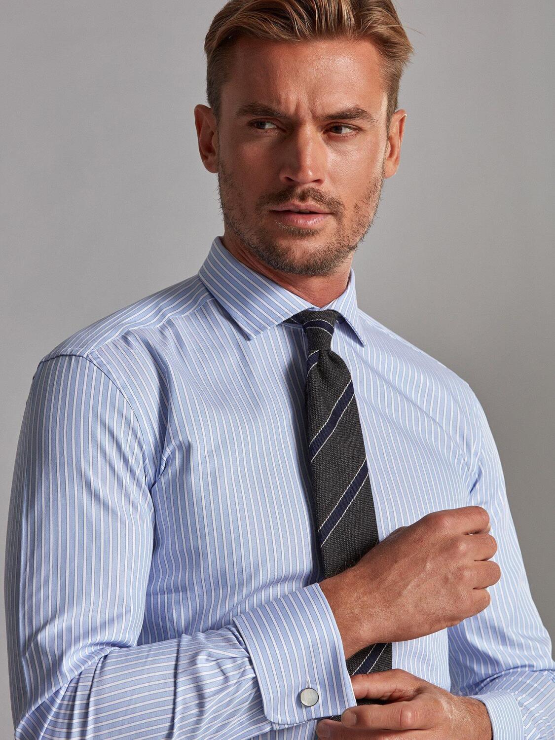 Chemise cintrée Colin à rayures ciel - Poignets Mousquetaires