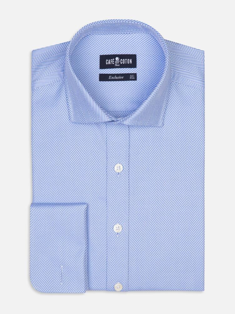 Come sky blue herringbone slim fit shirt - Musketeer cuffs