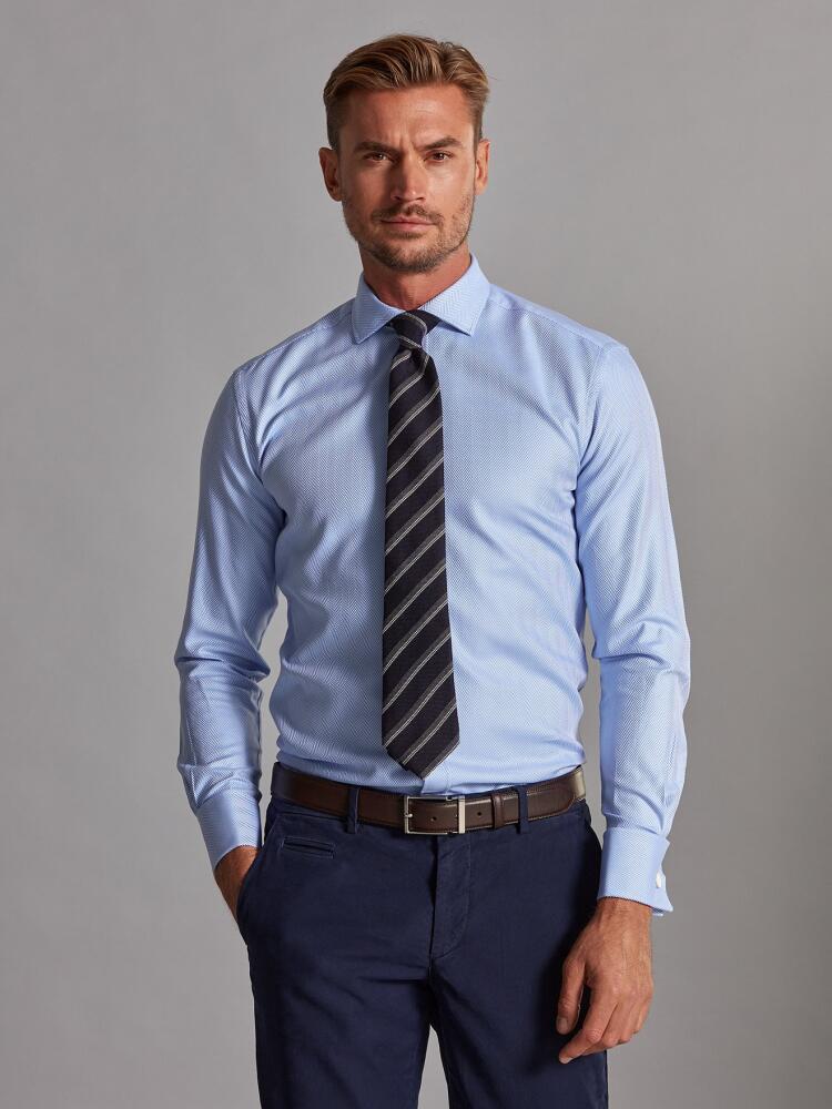 Come sky blue herringbone slim fit shirt - Musketeer cuffs