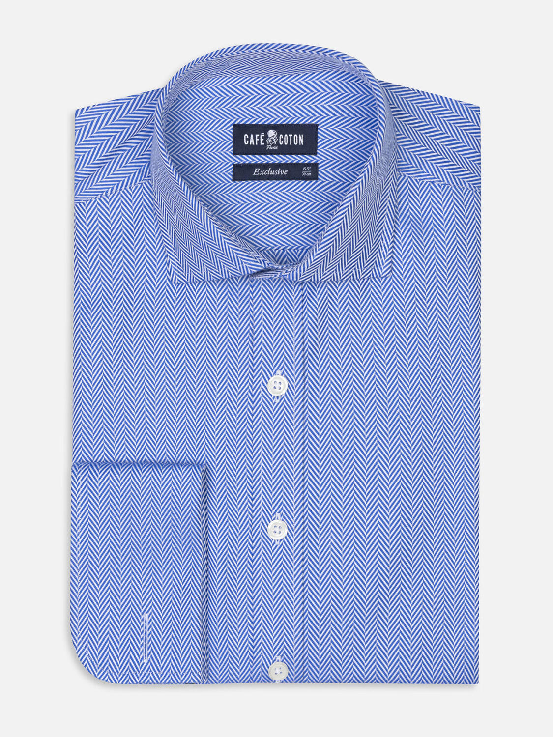 Jager blauw visgraat slim fit overhemd - Dubbele manchetten