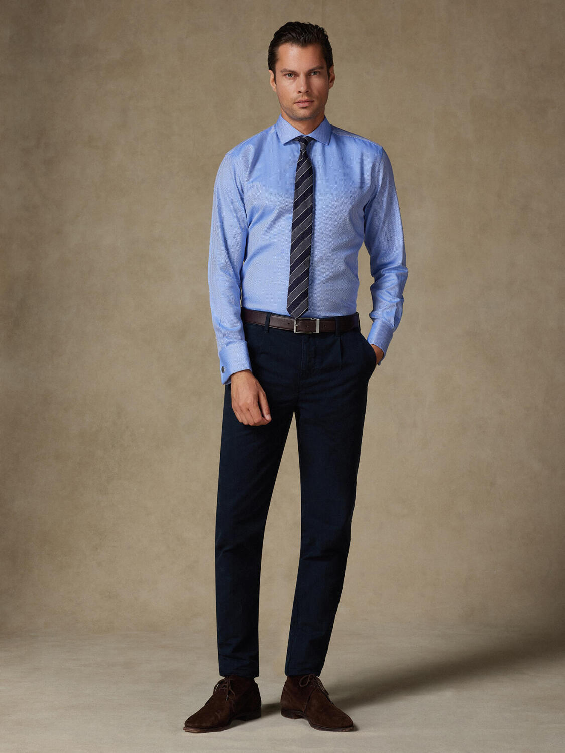 Jager blauw visgraat slim fit overhemd - Dubbele manchetten