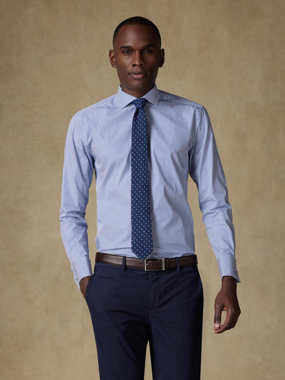 Menthon Camicia slim fit a righe blu navy - Doppi polsini