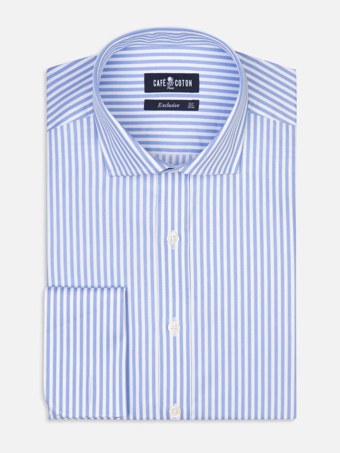 Chemise cintr&eacute;e Nick &agrave; rayures ciel - Poignets Mousquetaires