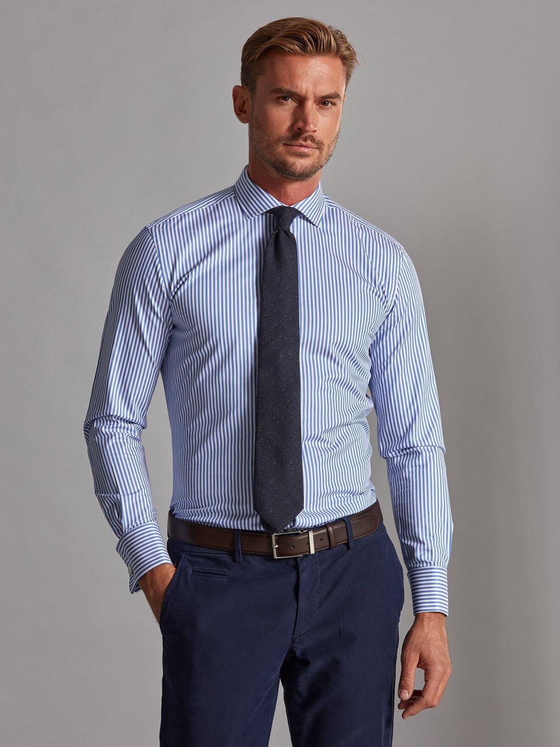 Chemise cintr&eacute;e Nick &agrave; rayures bleues - Poignets Mousquetaires