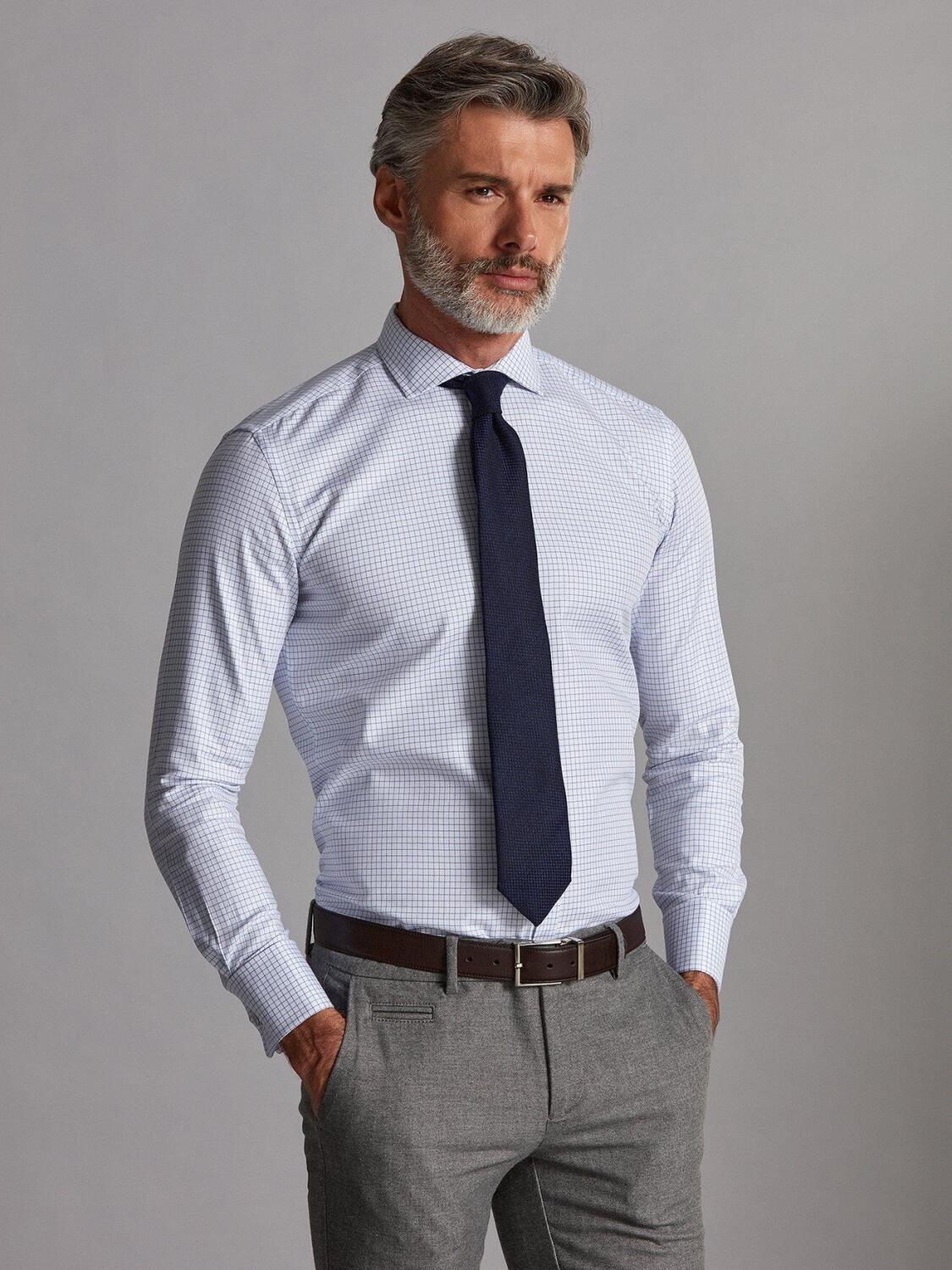 Chemise cintr&eacute;e Oleg &agrave; carreaux chevron bleu - Poignets Mousquetaires