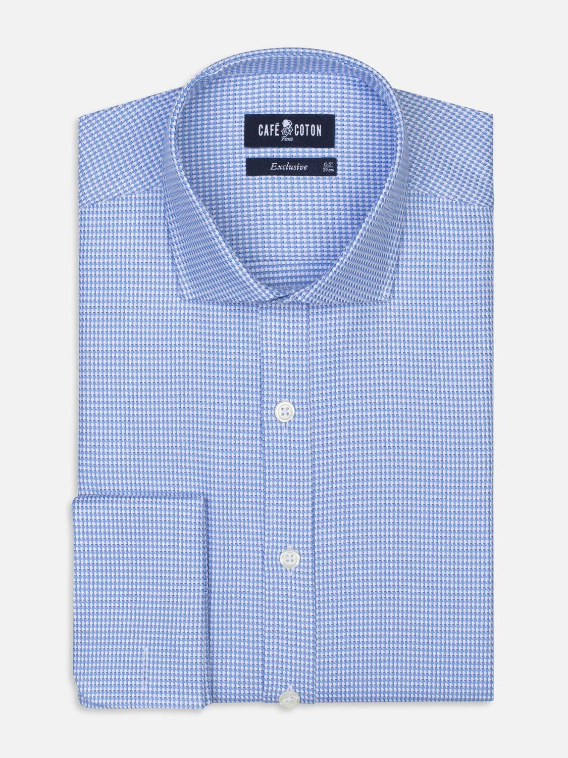 Blue sky and white printed houndstooth twill slim fit shirt - Double Cuffs