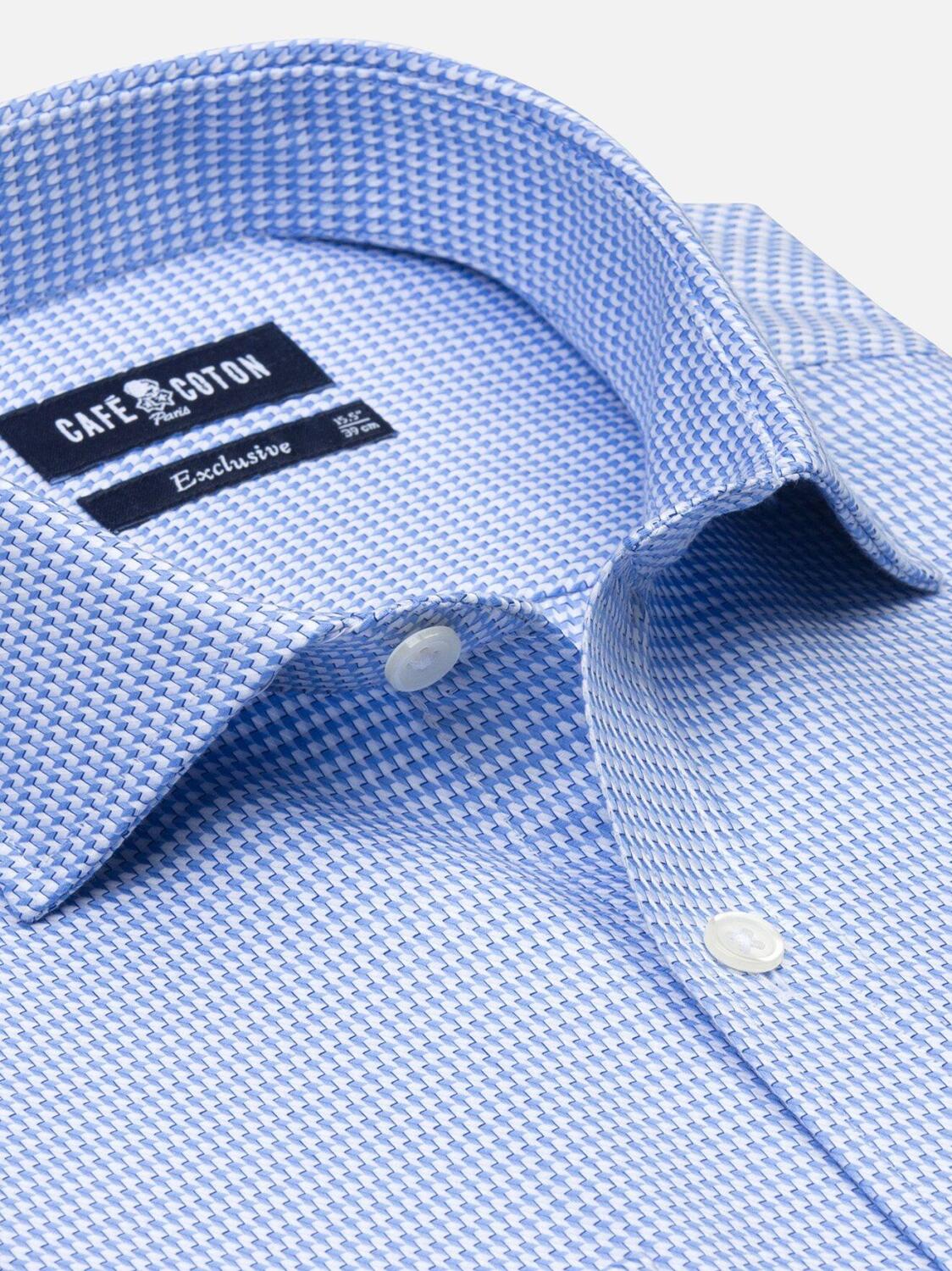 Blue sky and white printed houndstooth twill slim fit shirt - Double Cuffs