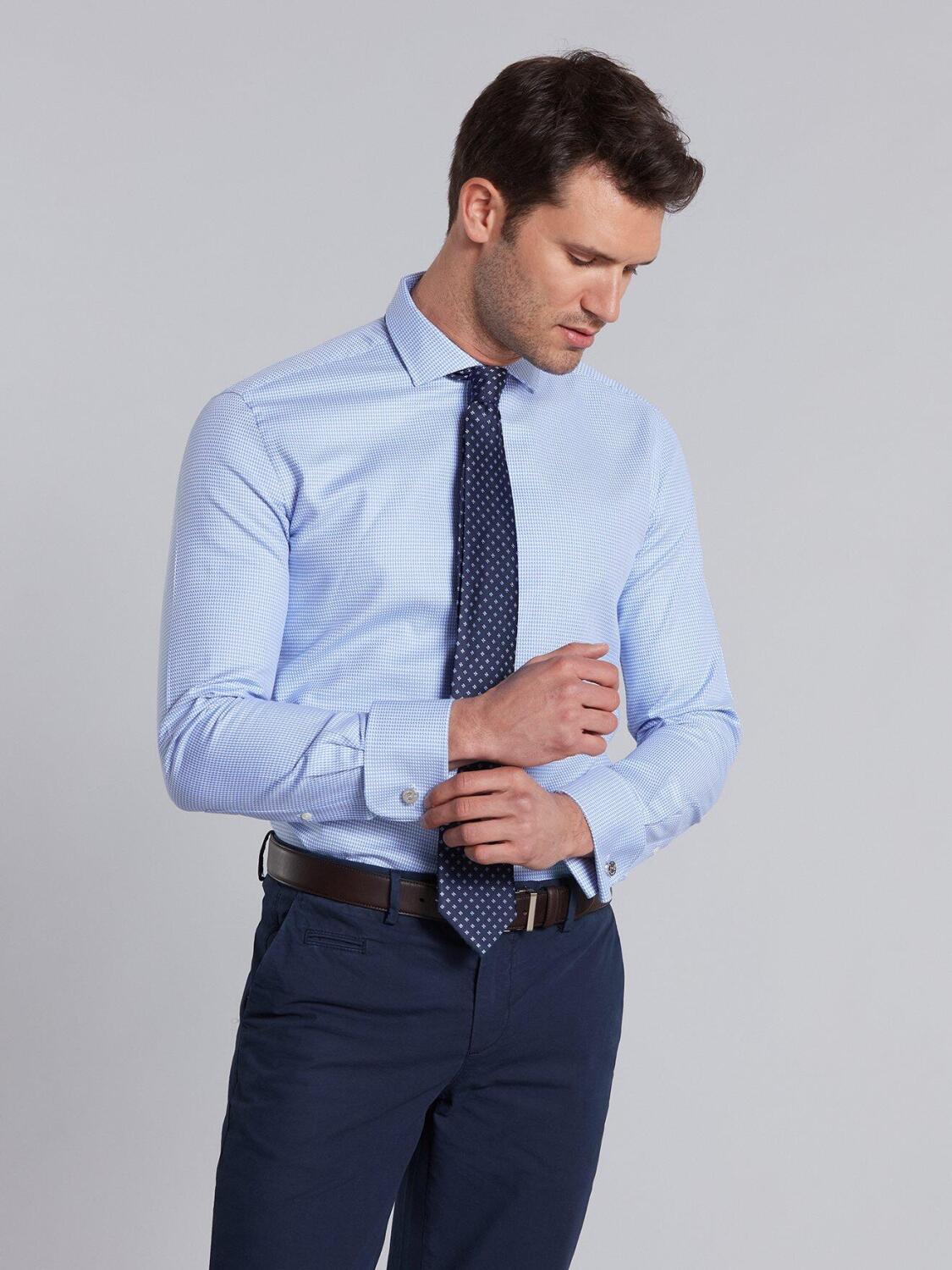 Blue sky and white printed houndstooth twill slim fit shirt - Double Cuffs