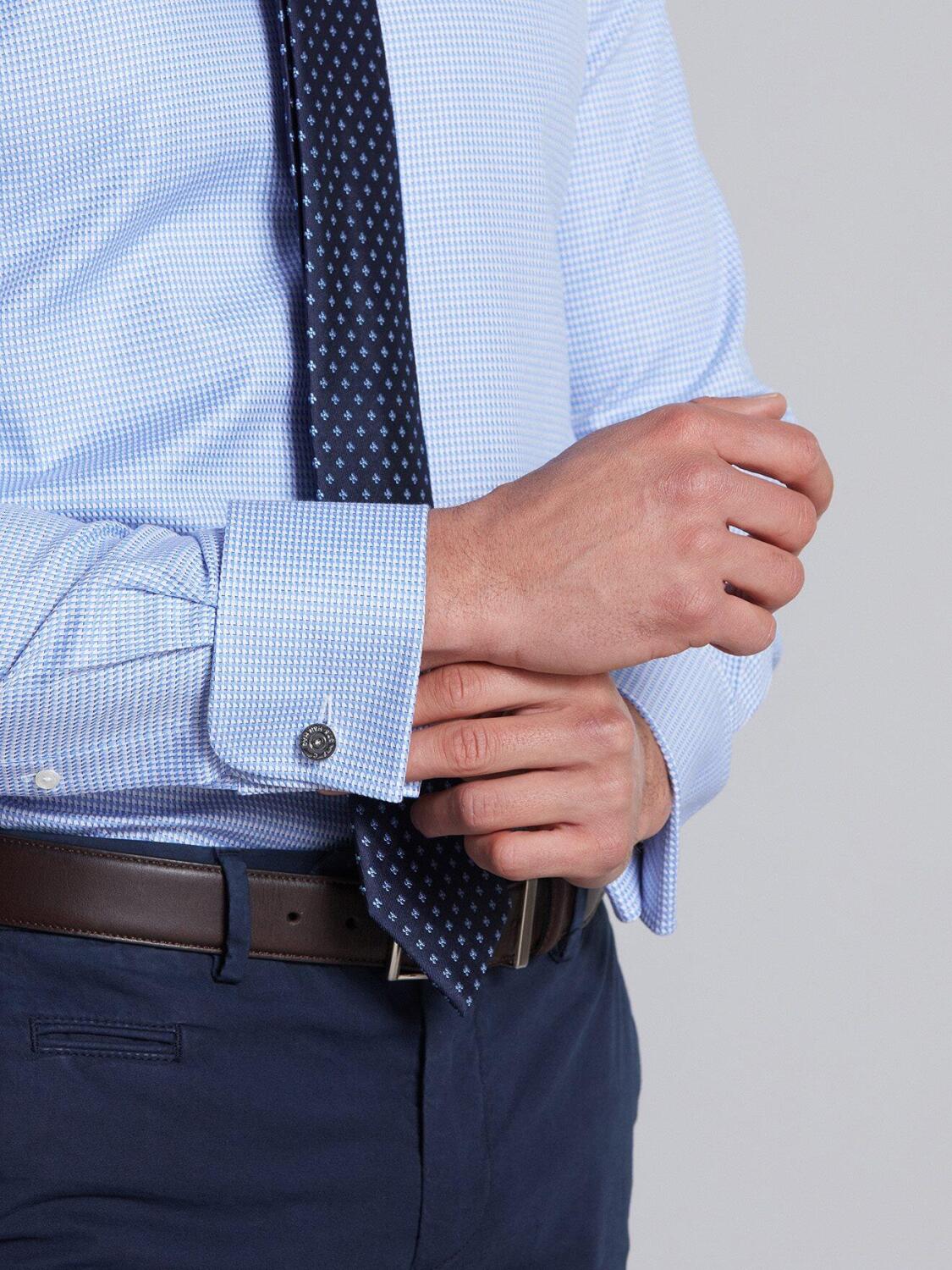 Blue sky and white printed houndstooth twill slim fit shirt - Double Cuffs