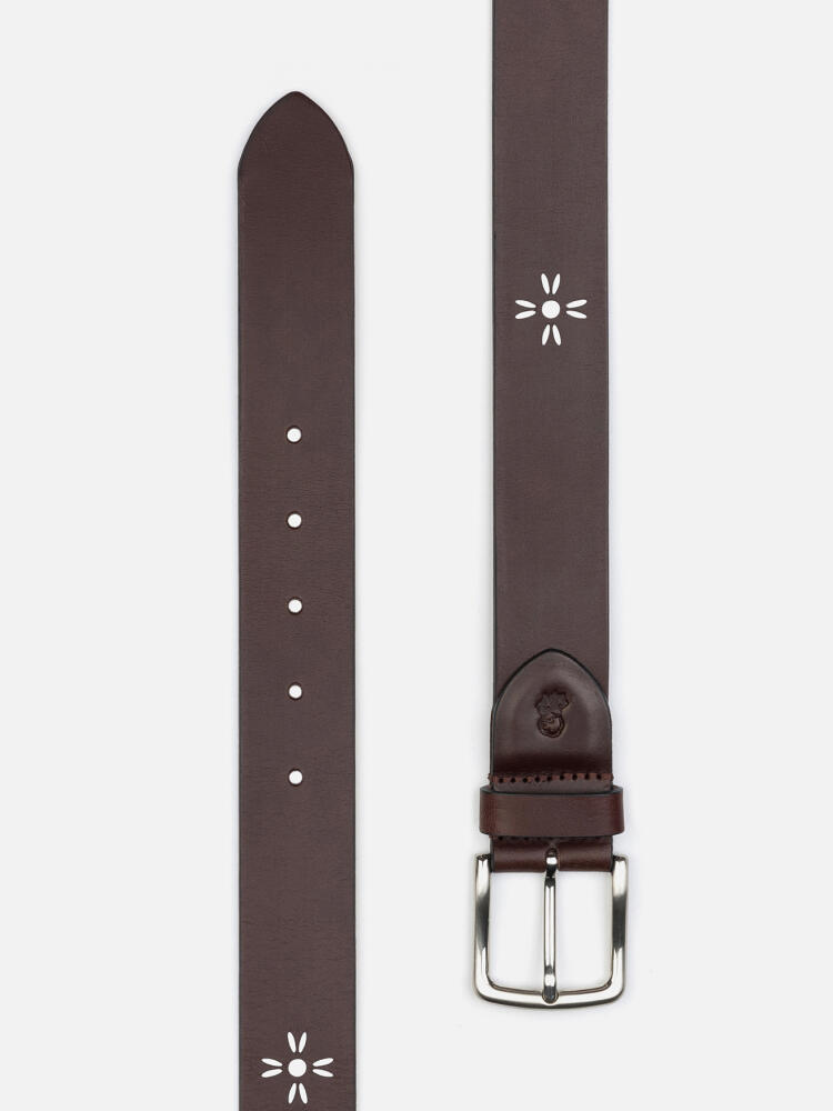 Dark brown leather belt with pattern