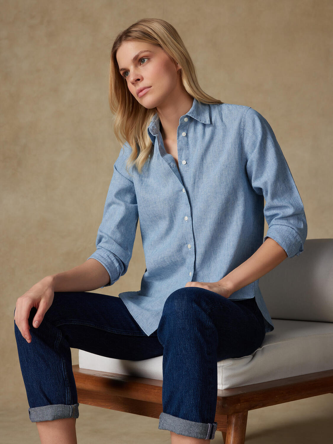 Albane hemels streep linnen overhemd