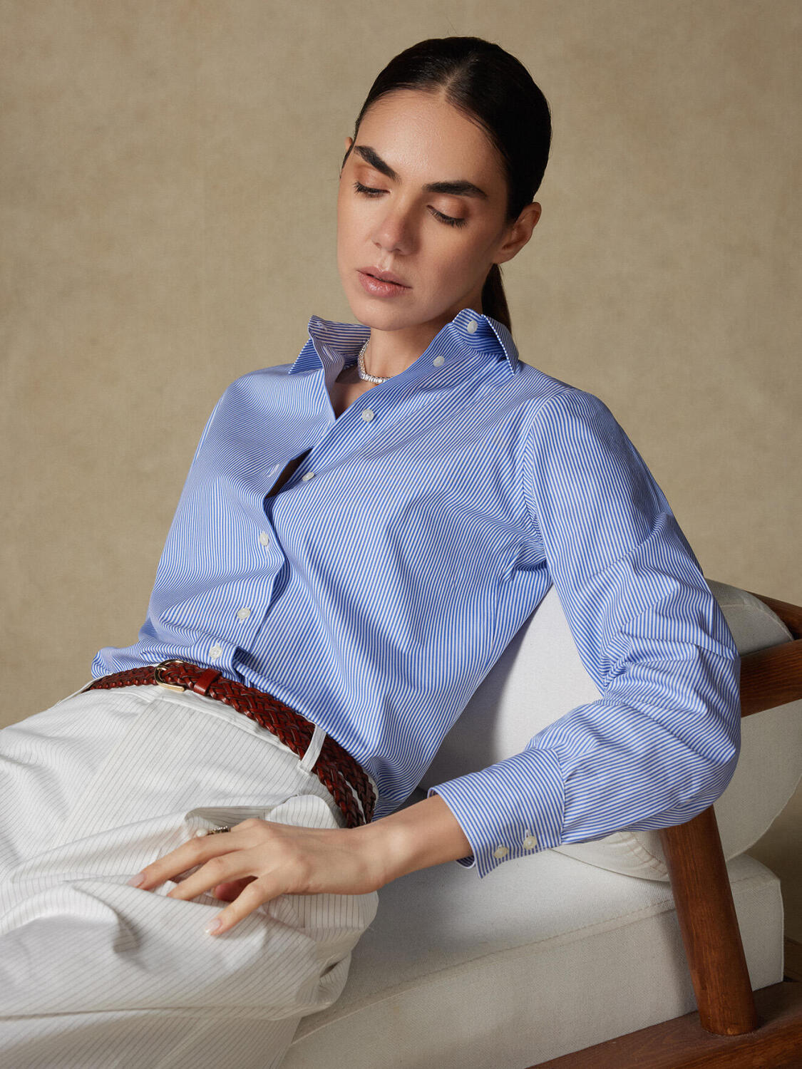 Albane blauw gestreept poplin overhemd