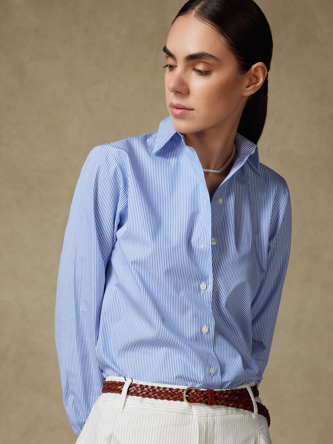 Albane blauw gestreept poplin overhemd