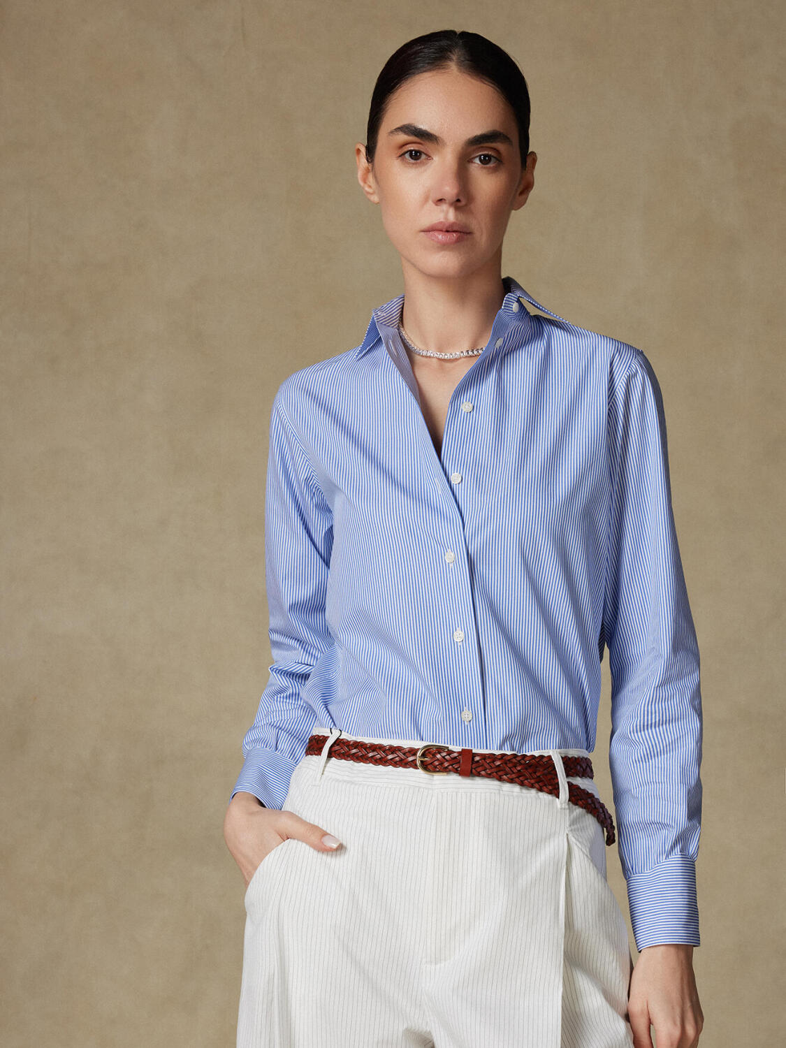 Albane blauw gestreept poplin overhemd