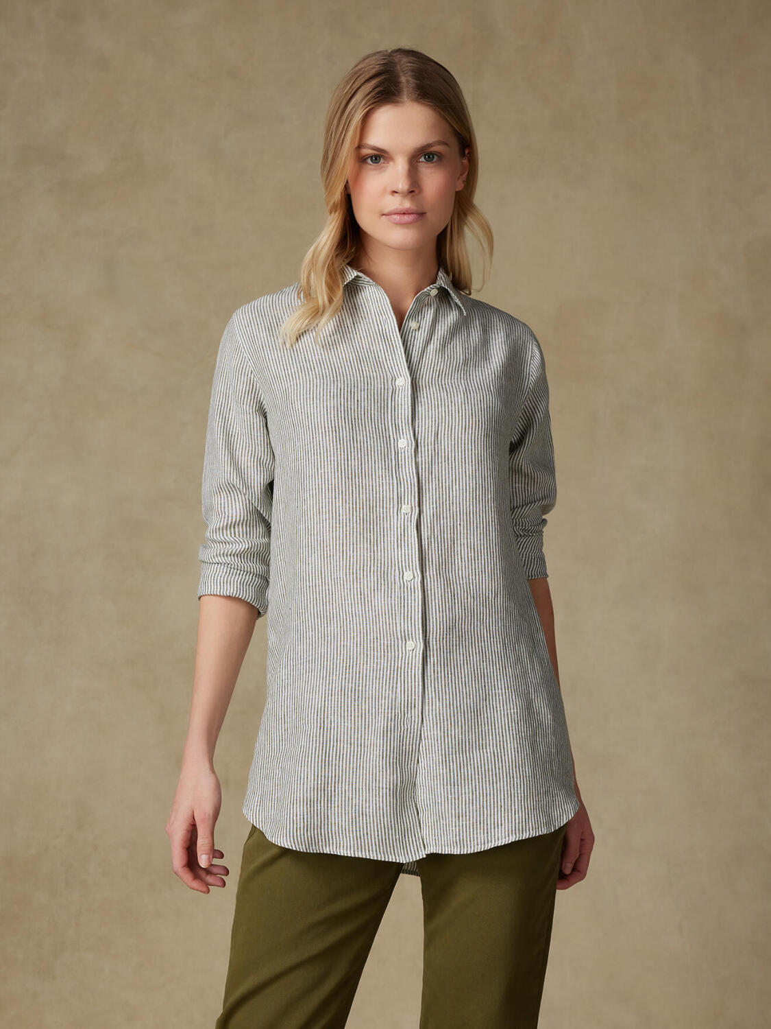 Justine shirt in kaki linnen gestreept