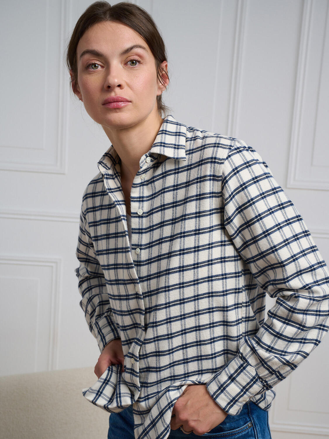 Albane gebroken wit flanellen overhemd met ruitjes