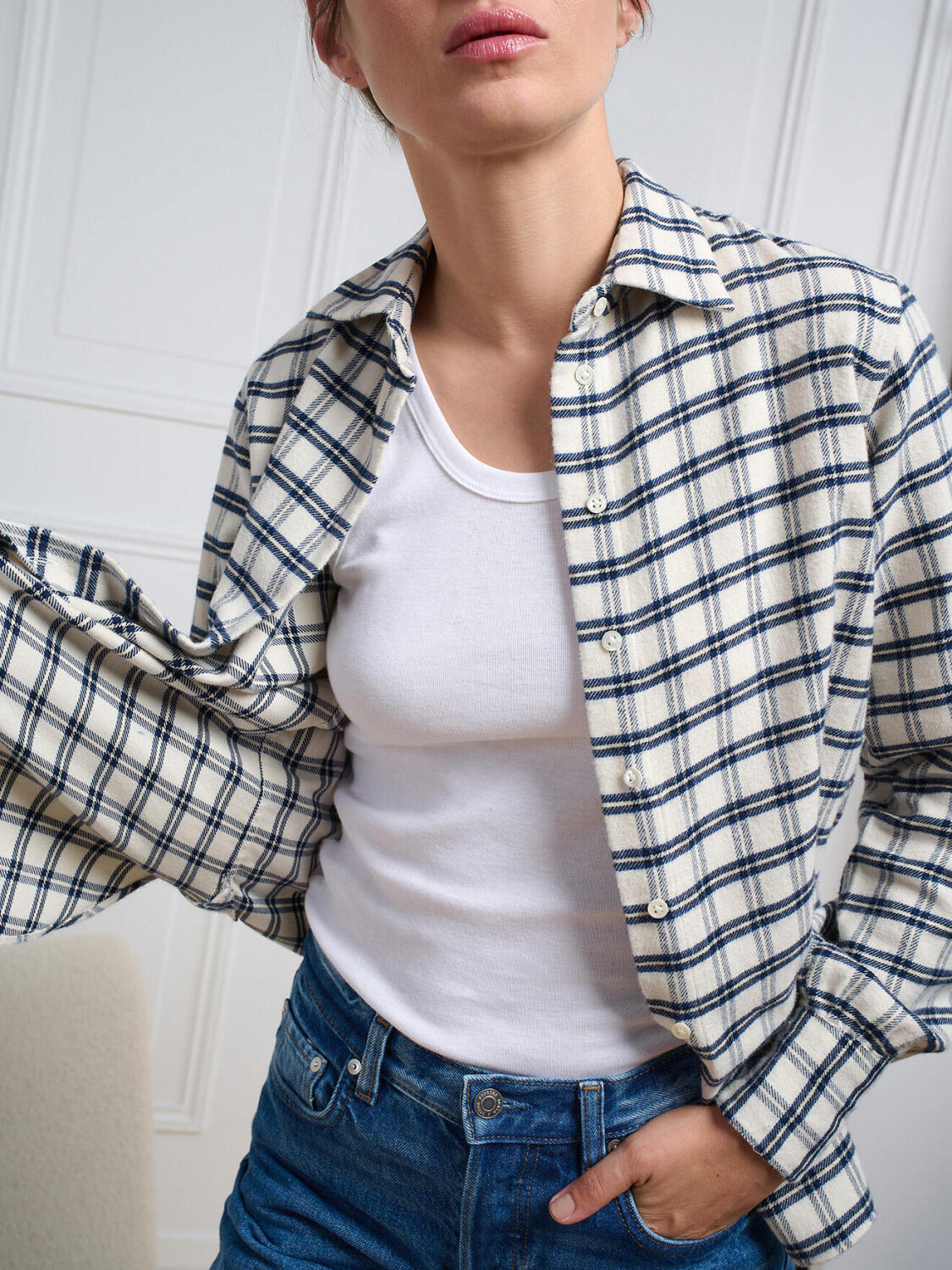 Albane gebroken wit flanellen overhemd met ruitjes