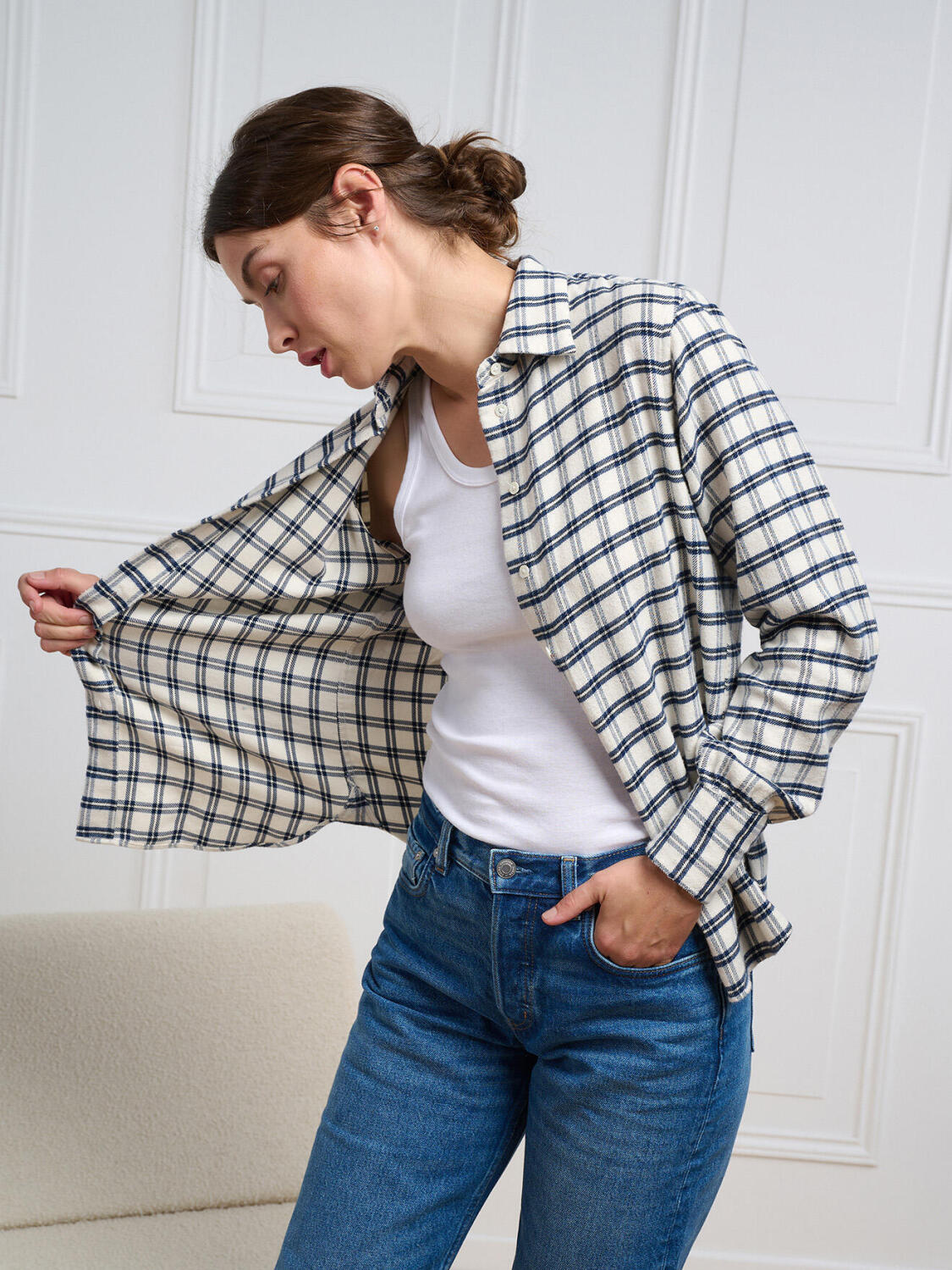 Albane gebroken wit flanellen overhemd met ruitjes