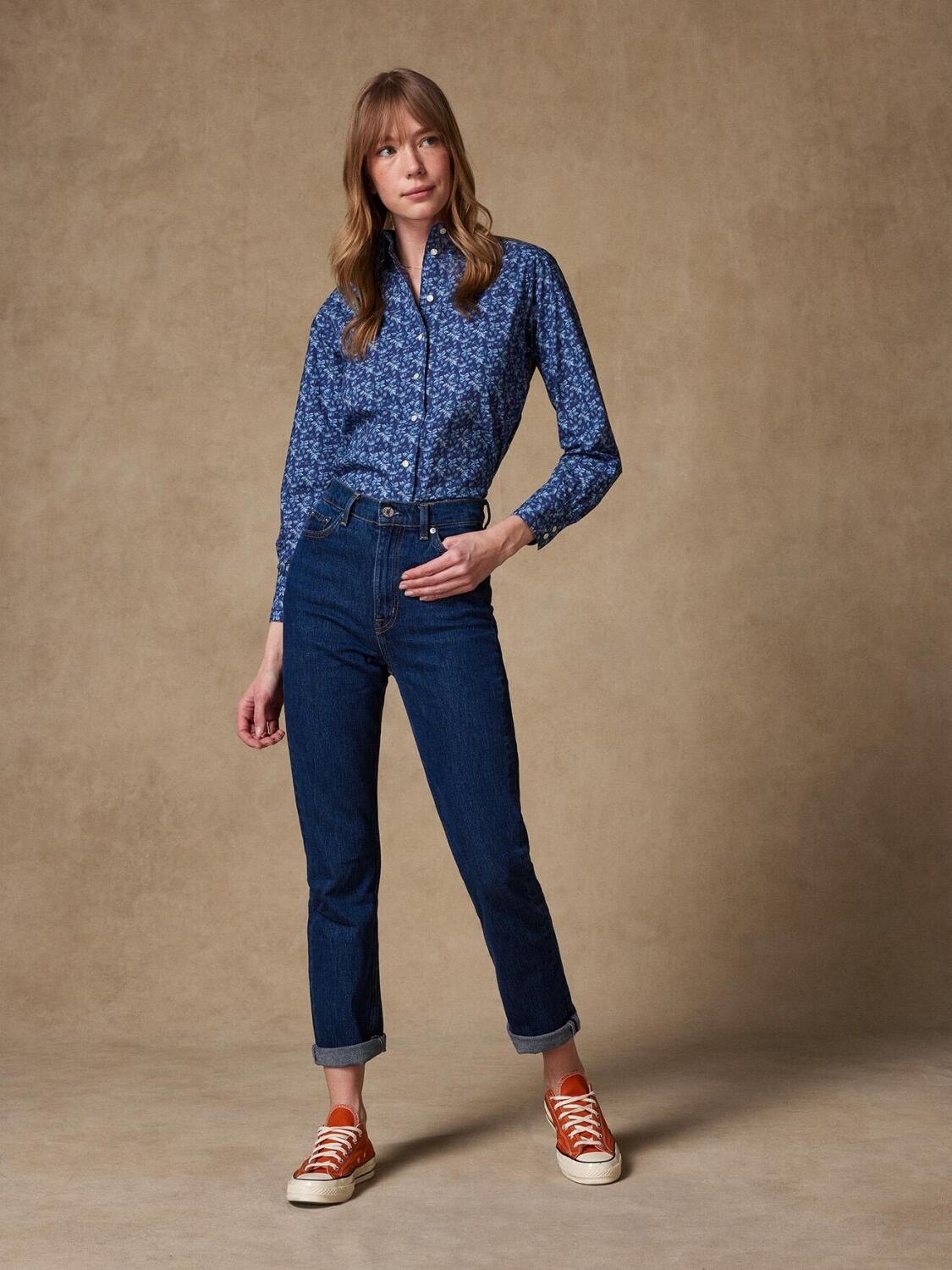 Albane marine bloemenprint overhemd